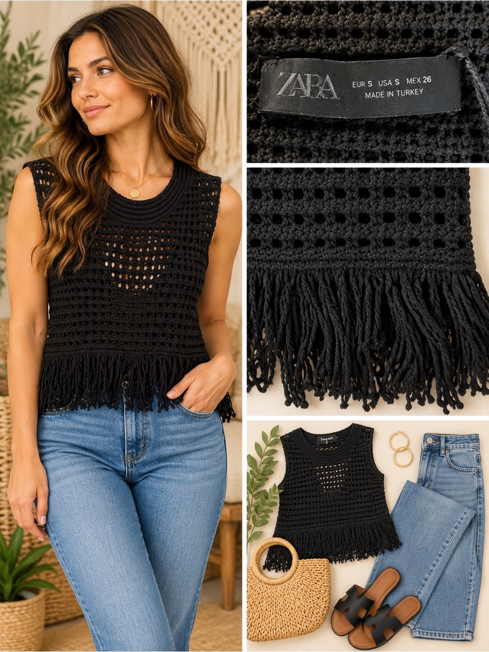 Zara Black Crochet Fringe Tank Top Size S